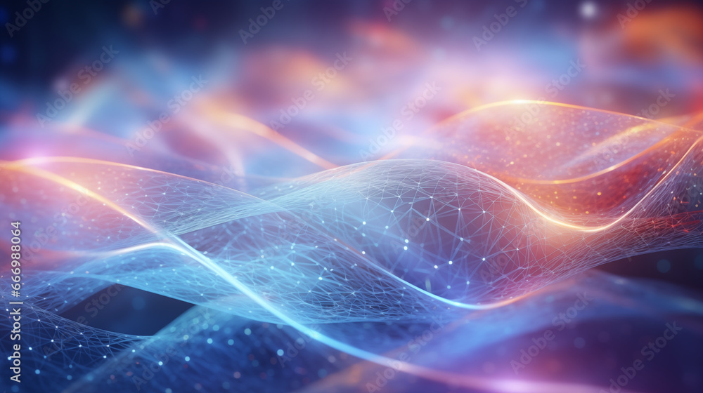 Poster quantum entanglement visualized through abstract art with intertwined patterns, quantum technologies