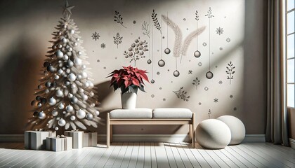 Modern Christmas interior with a sparkling silver tree adorned with white ornaments, wall art botanicals, and a vibrant poinsettia plant on a minimalist bench. Generative AI.