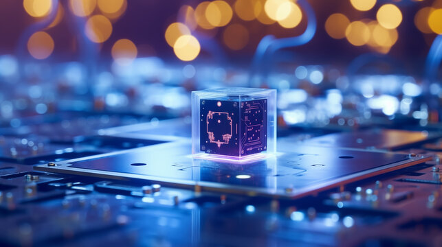 Quantum machine learning models being trained on quantum hardware, quantum technologies, blurred background, with copy space