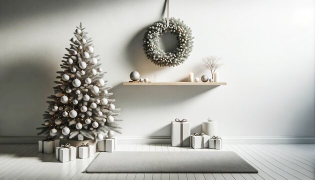 Elegant Christmas image showcasing a silvery Christmas tree adorned with glossy white ornaments, surrounded by wrapped gifts, a wreath, against a minimalist gray backdrop. Generative AI.Generative AI.