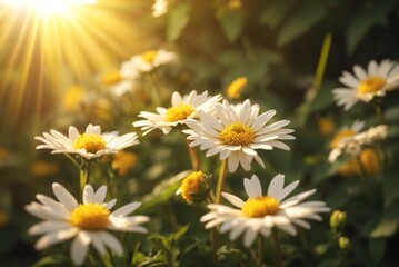 Fototapeta premium Beautiful chamomile flowers in the garden at sunset.