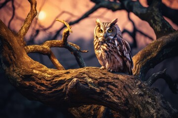 Wise owl perched on a tree branch. Generative AI