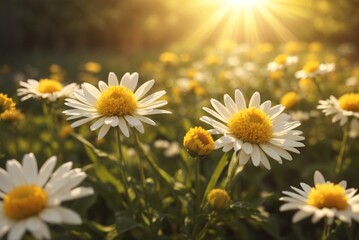 Fototapeta premium Beautiful chamomile flowers in the garden at sunset.