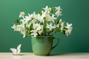 Delicate fragrant bouquet of jasmine in a green cup and a butterfly on green grass square format, aesthetic look