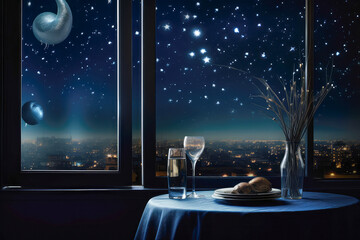 Starry sky through window in the room, Midnight on New Year's Eve, heartfelt moment
