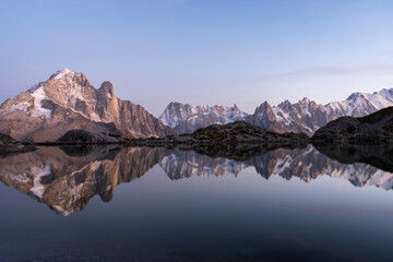 Mountains and Reflection in Lac Blanc Lake at Sunset. Blue Hour, Twilight. Chamonix, French Alps, France