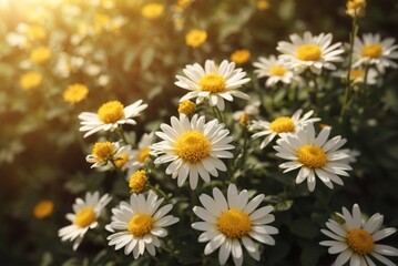 Beautiful chamomile flowers in the garden at sunset.