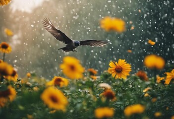 an open bird soaring through a field of flowers in the rain