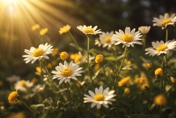 Fototapeta premium Beautiful chamomile flowers in the garden at sunset.