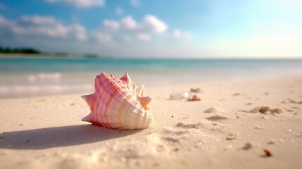Obraz na płótnie Canvas Luminous Pink Conch Shell. Serene Beach Paradise by the Sea