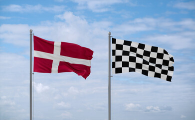Checkered racing and Denmark flags, country relationship concept