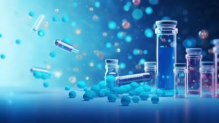 Bottles, capsules, and pills in a pharmacy setting, illustrating health care, medication, and pharmaceutical concepts.