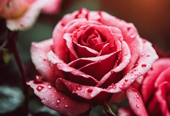 two red roses with water droplets on them and a background with the same rose