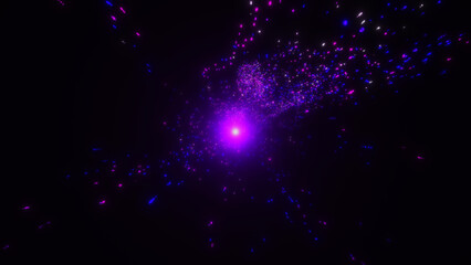 The motion of matter around a star. The motion of particles around a bright center. 4k. 3D rend.