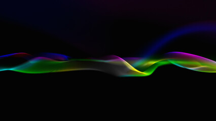The undulating surface of the ocean is made of multi-colored particles. Fabric fluttering in the wind. 3D render.