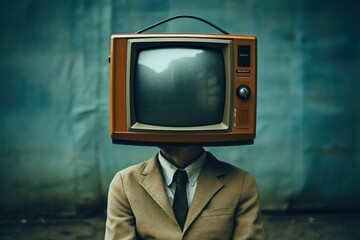 A mesmerizing figure adorned in a vibrant jacket, their head replaced by a pulsing television screen, captivates with the ever-changing media flickering against the indoor wall