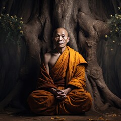 A solitary figure clad in flowing robes sits in peaceful meditation beneath the towering branches of a majestic tree, connecting with nature and finding solace within the sacred grounds of the temple - obrazy, fototapety, plakaty