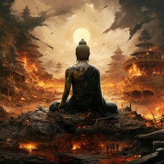 A majestic cloud of heat engulfs the burning city, as a statue perched on a rock in front of a temple gazes upon the fiery chaos, its artful presence standing in stark contrast to the destructive nat