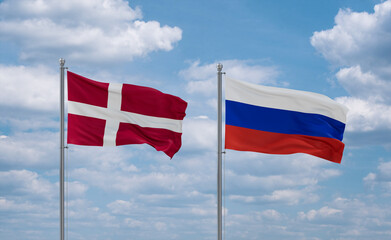 Russia and Denmark flags, country relationship concept