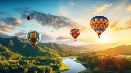 Colorful hot air balloons flying over mountain, tourist attraction on beautiful natural.