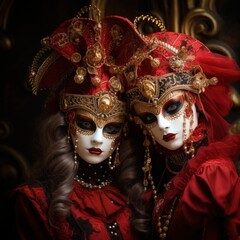 Amidst a sea of red fabric and mysterious masks, two women transform into living dolls, their movements fluid and wild, evoking a sense of whimsy and wonder