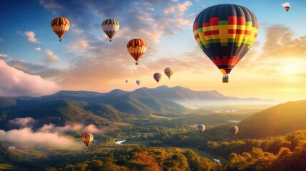 Naklejka premium Colorful hot air balloons flying over mountain, tourist attraction on beautiful natural.