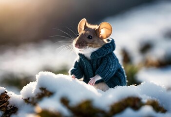 a little mouse in sweater on snow covered ground in front of trees - obrazy, fototapety, plakaty