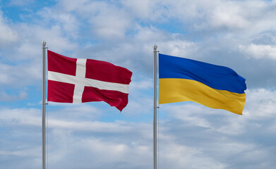 Ukraine and Denmark flags, country relationship concept