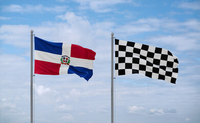 Checkered racing and Dominican flags, country relationship concept