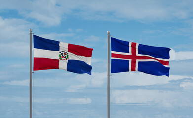 Iceland and Dominican flags, country relationship concept
