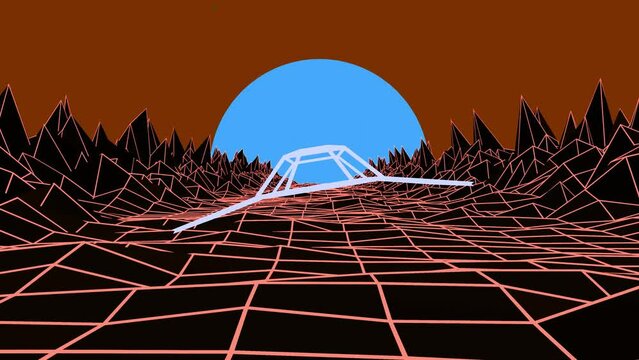 Seamless loop retro 1980s animation with starship silhouette flying through the rocks to the sun. synthwave neon lights landscape. Space base. Background for music video. Video games. Old style
