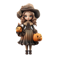 3d witch dressed in old clothes Holding a pumpkin, Halloween looks realistic,