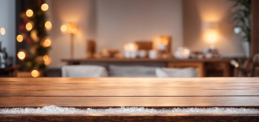  Empty wooden table top with warm living room decor blur background with snow, Mock up banner for display of advertise product