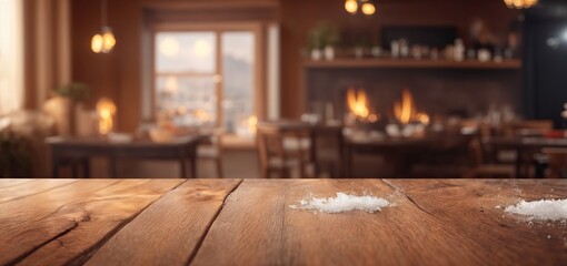 Empty wooden table top with warm living room decor blur background with snow, Mock up display of advertise product