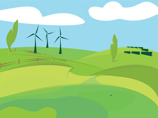 Scene with wind towers and solar panels  in the golf park illustration
