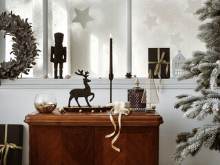 Creative christmas composition on the vintage shelf in the living room interior with beautiful...