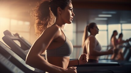 Healthy young woman in sportswear running on a treadmill in health club. Health care concept. - obrazy, fototapety, plakaty