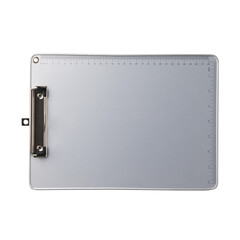 Silver clipboard with clip at the top for papers. Single clipboard, writing board without papers. Realistic, photography, isolated on white background.