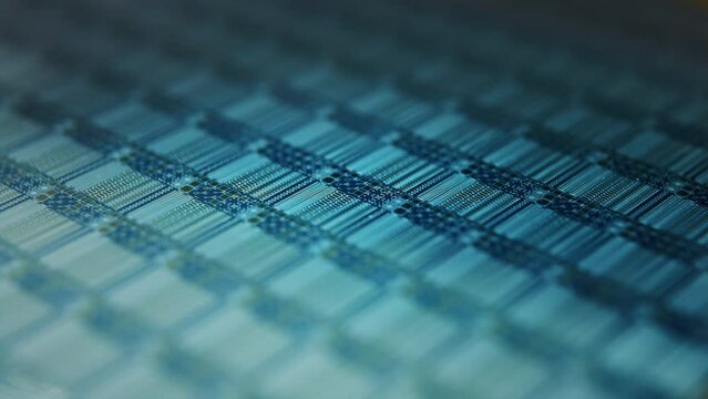Electronic diagnostic machine. Silicon Wafer at Advanced Semiconductor Foundry, that produces Computer Chips. Computer Chip Manufacturing at Fab or Foundry. Photolithography Process, close up