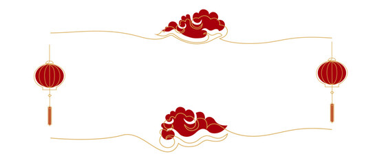 Chinese New Year frame in simple thin line style editable vector illustration, gold color outline, red objects, white color background eps 10