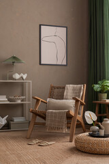 Stylish composition of cozy living room interior with mock up poster frame, rattan armchair, green curtain, braided pouf, slippers, green lamp and personal accessories. Home decor. Template.