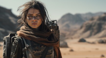 A fierce woman in a flowing garment stands boldly against the vast outdoor landscape, her gun in hand as she braves the harsh elements of the desert mountain, a scarf fluttering in the wind as she ga