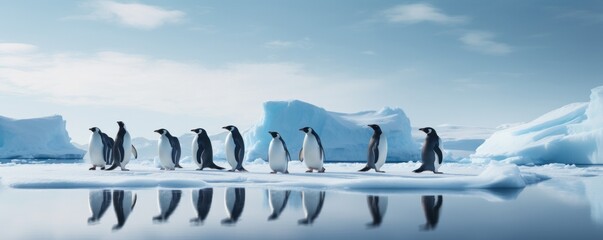 A majestic flock of penguins treks across the icy expanse, their feathers glistening in the sunlight as they brave the arctic winds and towering glaciers, a symbol of resilience and unity in the face - obrazy, fototapety, plakaty