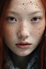 A fiery-haired woman gazes intensely at the camera, her skin glowing in the closeup as her freckles and lush eyelashes frame her piercing eyes and bold red lips