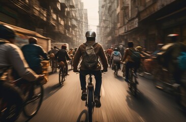 A daring cyclist navigates through a bustling city street, his wheels spinning as he weaves through a sea of people and buildings, his clothing fluttering in the wind as he embraces the freedom of ou