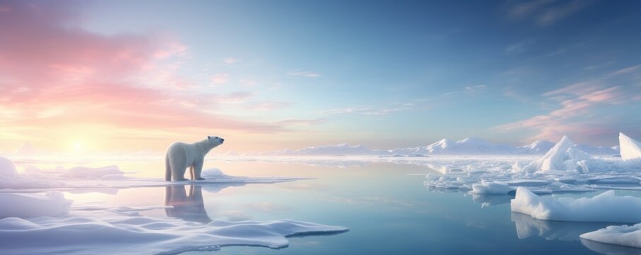 A majestic polar bear stands on a melting iceberg in the arctic landscape, gazing at the colorful sunset over the snow-covered lagoon as the clouds drift by in the winter sky