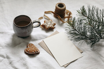 Moody Christmas stationery. Winter blank greeting card, invitation mockup. White linen tablecloth....