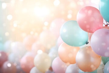 background of multi-colored air balloons in delicate pastel shades, holiday greetings, congratulations, birthday party
