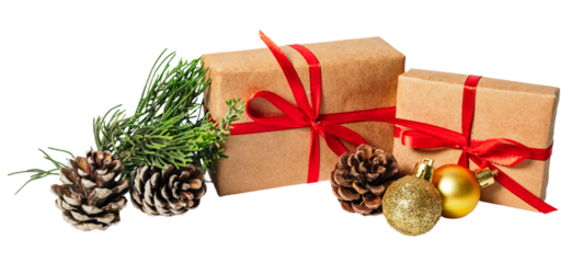 Christmas fir branches, gift boxes isolated on white or transparent background.