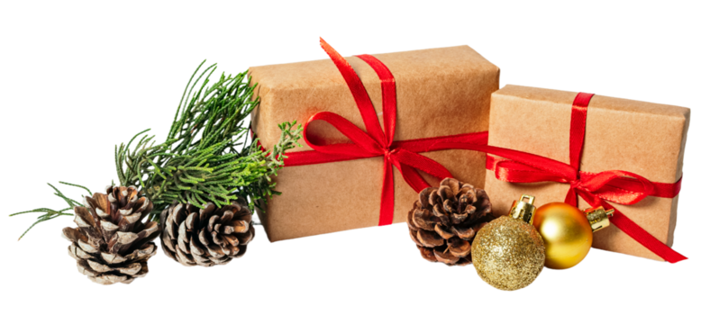 Christmas fir branches, gift boxes isolated on white or transparent background.